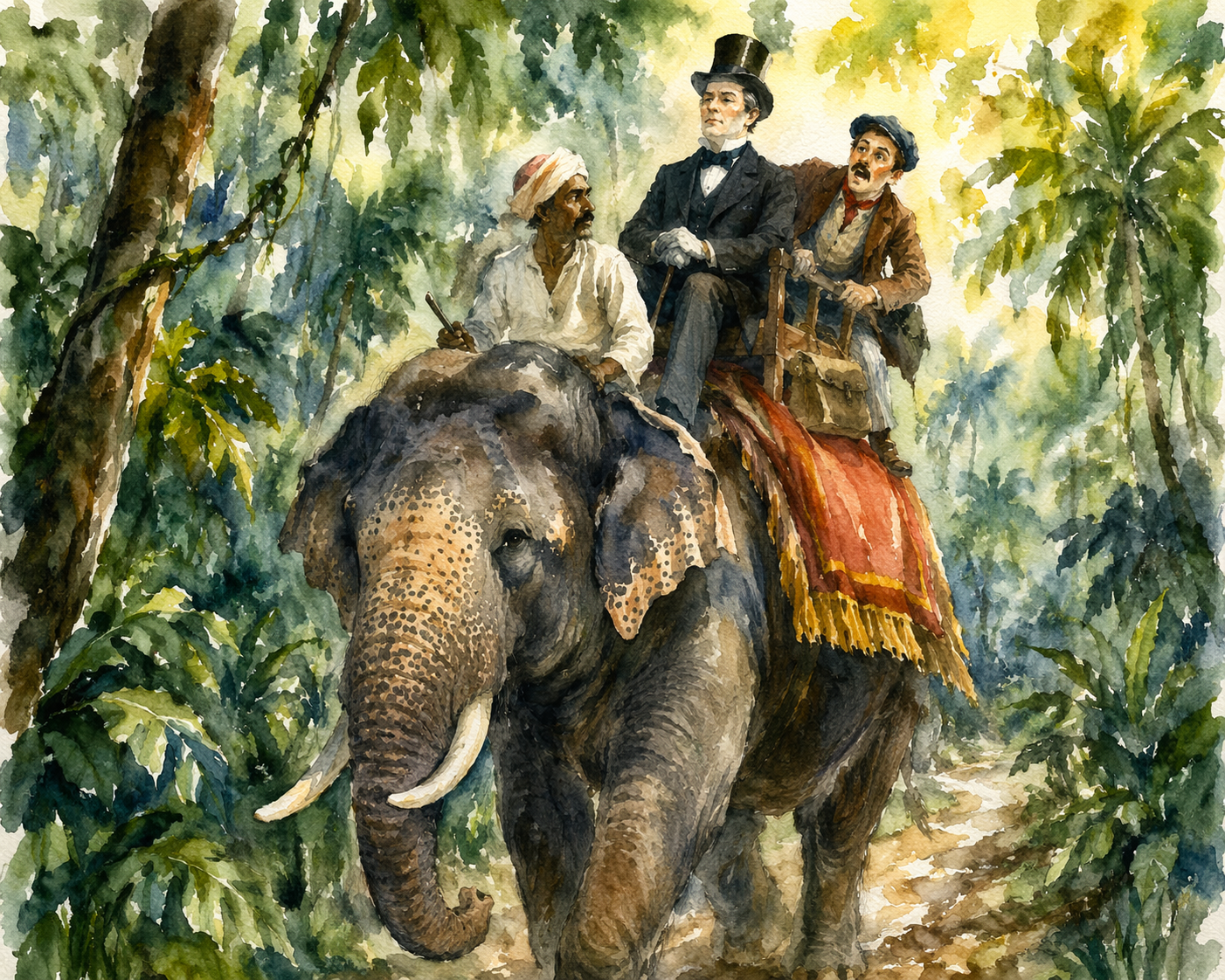 Illustration — Le Tour du monde en 80 jours : Phileas Fogg et Passepartout sur un éléphant dans la jungle indienne