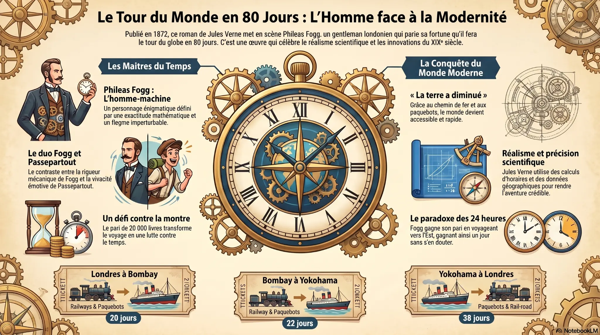 Infographie : Le Tour du monde en 80 jours — L'Homme face à la Modernité. Personnages, thèmes, itinéraire et paradoxe des 24 heures.